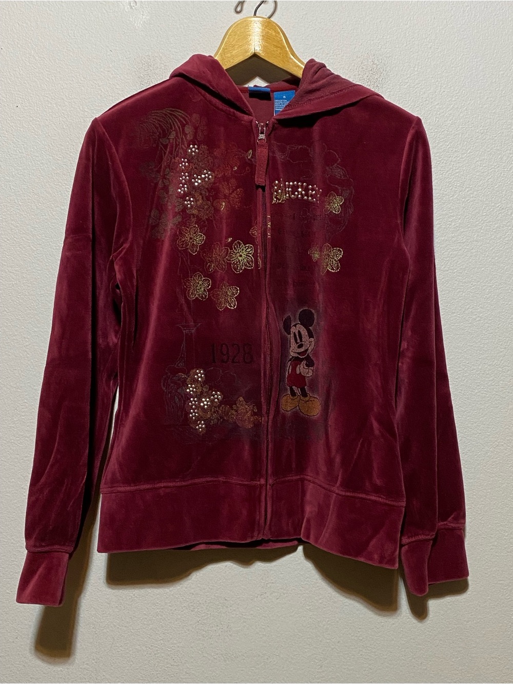 Disney Mickey Mouse 1928 Velour Full Zip Hoodie Jacket Maroon Size Small